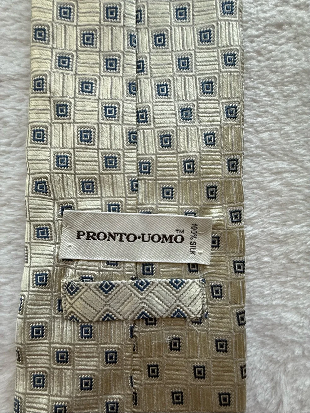 Pronto Uomo 100% Silk Ivory Blue Geometric Pattern Neck Tie Classic Mens